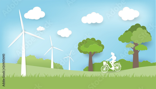 ecology idea , city scape paper art style,technology power saving, vector design