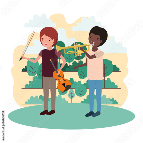 men with musical instruments in landscape