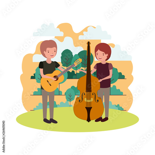 men with musical instruments in landscape