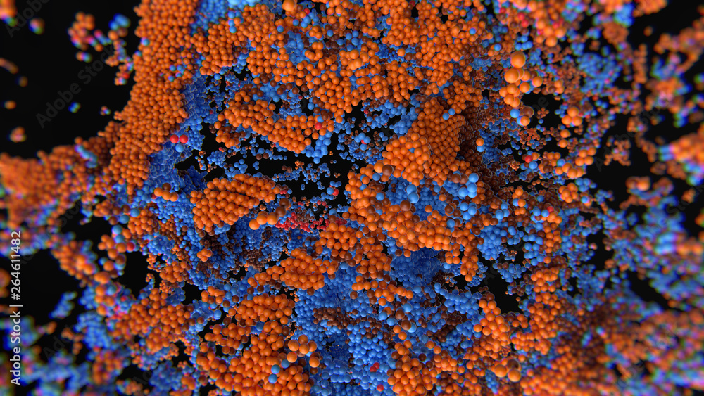 3d simulation of abstract cell infection and destruction of atom structure...