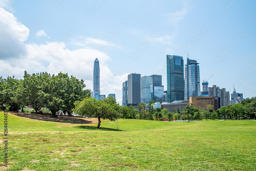 Fototapeta premium The large grassland of Shenzhen Lianhuashan Park and the CBD building of Futian District