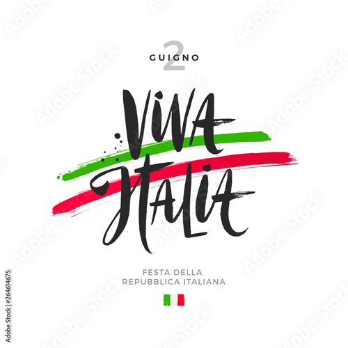 Italian republic day hand drawn vector illustration. Brush lettering greeting and brushstrokes in color of Italian  national flag. photo