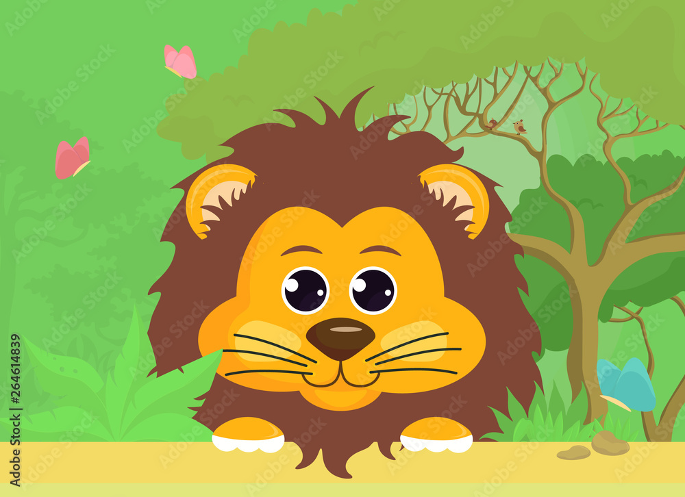 Leaflet, poster, album cover, banner, background in cartoon style with a  lion on the background of nature Stock Vector | Adobe Stock