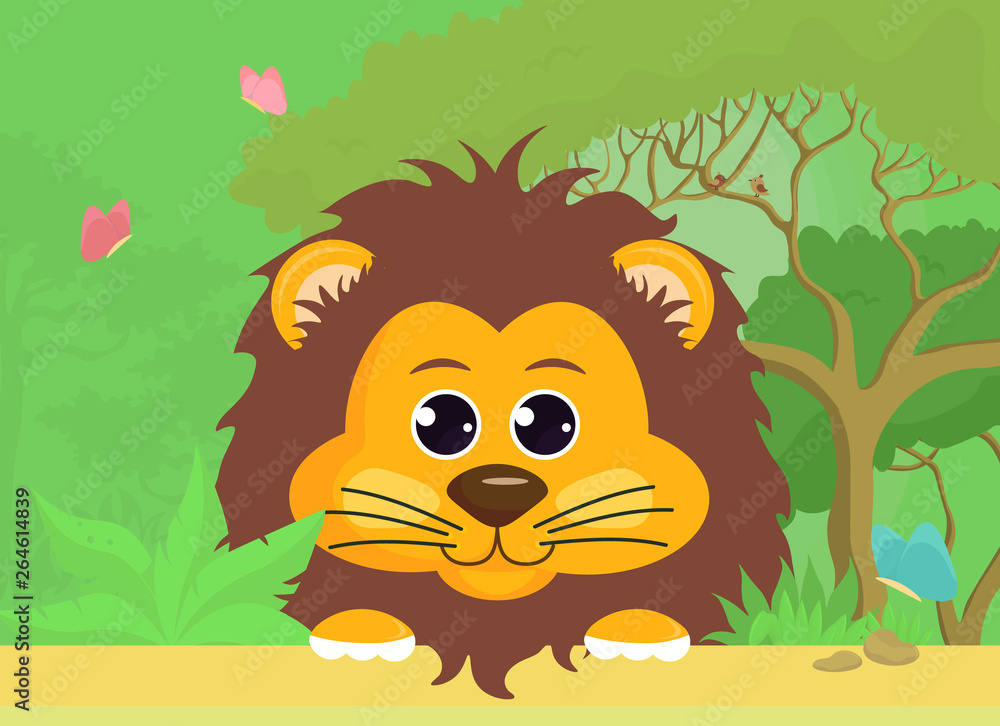 Obraz premium Leaflet, poster, album cover, banner, background in cartoon style with a lion on the background of nature