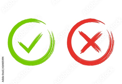 Grunge check marks. Green tick and red cross. YES or NO accept and decline symbol. Buttons for vote, election choice. Painted with brush. Check mark OK and X icons.
