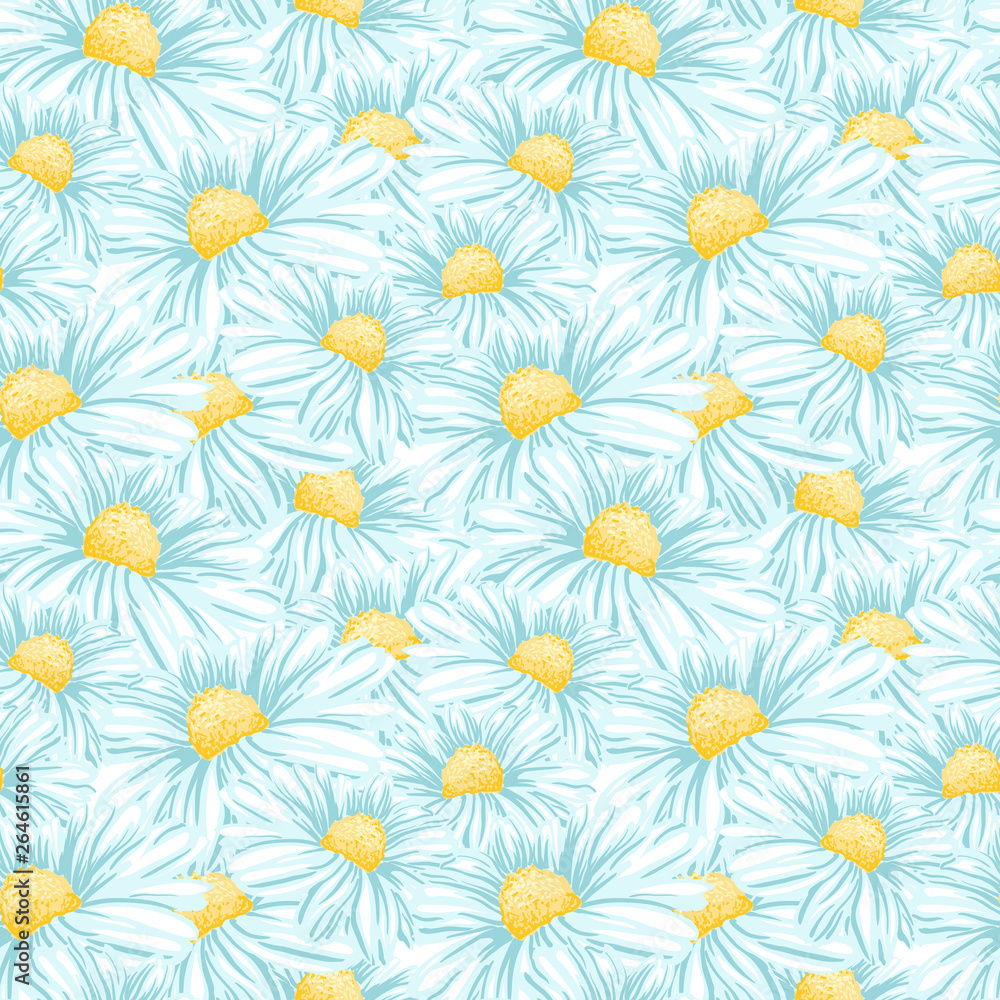 Daisy or Chamomile Tea Herb Flower Seamless Pattern. Herbal Therapy Wallpaper. Botany Plant, Matricaria Loose Herbs. Floral Blossom for Agriculture Packaging or Wrapping Paper Design.