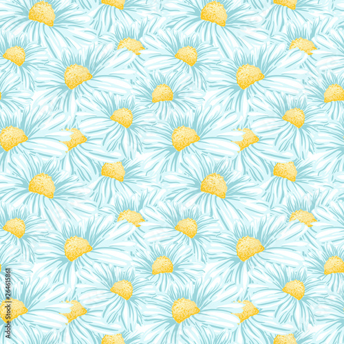 Daisy or Chamomile Tea Herb Flower Seamless Pattern. Herbal Therapy Wallpaper. Botany Plant, Matricaria Loose Herbs. Floral Blossom for Agriculture Packaging or Wrapping Paper Design.