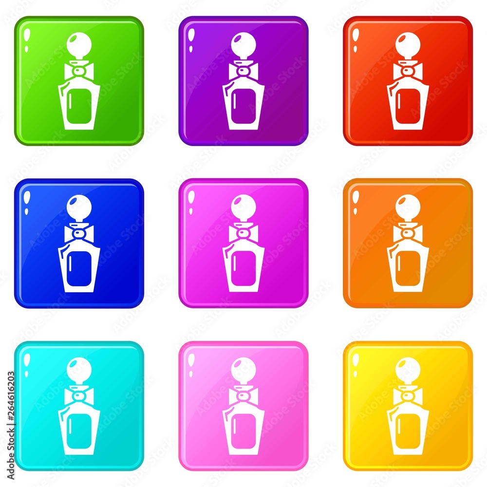 Perfume bottle art icons set 9 color collection isolated on white for any design