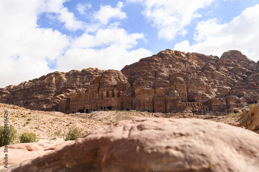 (selective focus) Amazing view of the beautiful Petra site with beautiful temples carved into the rock. Petra is a Unesco World heritage site, historical and archaeological city in southern Jordan.