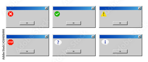 Old dialog window of error alert. Mockup of warning, information, attention and success messages.