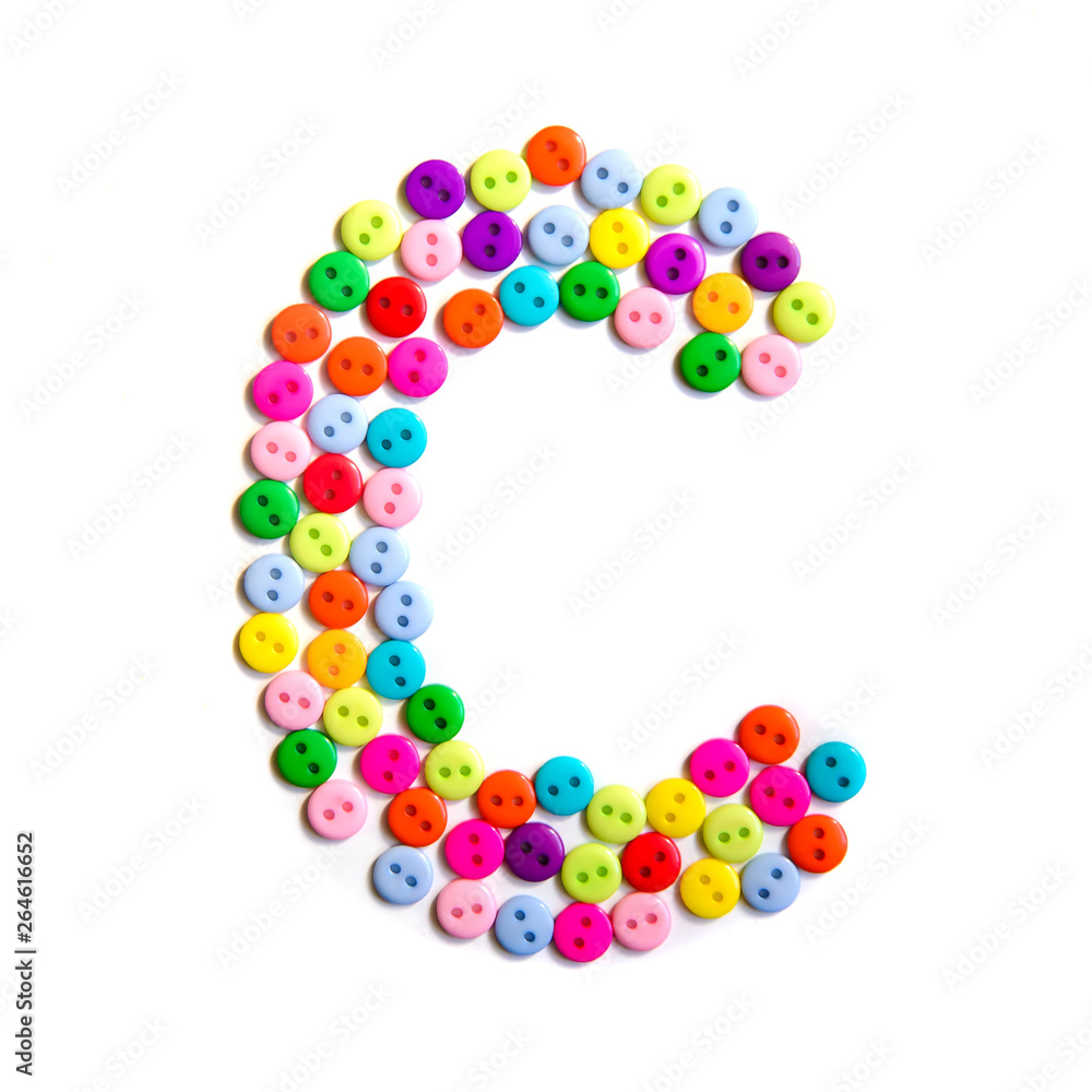 Letter C of the English alphabet made of multi-colored buttons