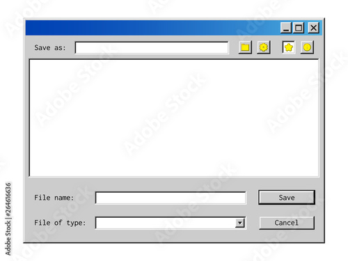 Old file explorer window mockup for mobile apps, sites and user interface design.