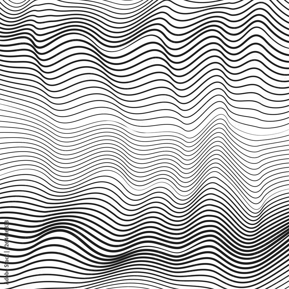 Black and white dynamic waves. Creative subtle curves. Undulating thin  lines. Vector monochrome fluid pattern. Abstract op art design. Tech modern  background, ripple surface. EPS10 illustration Stock Vector
