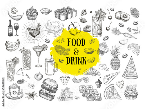 Vector set with food and drink hand drawn 