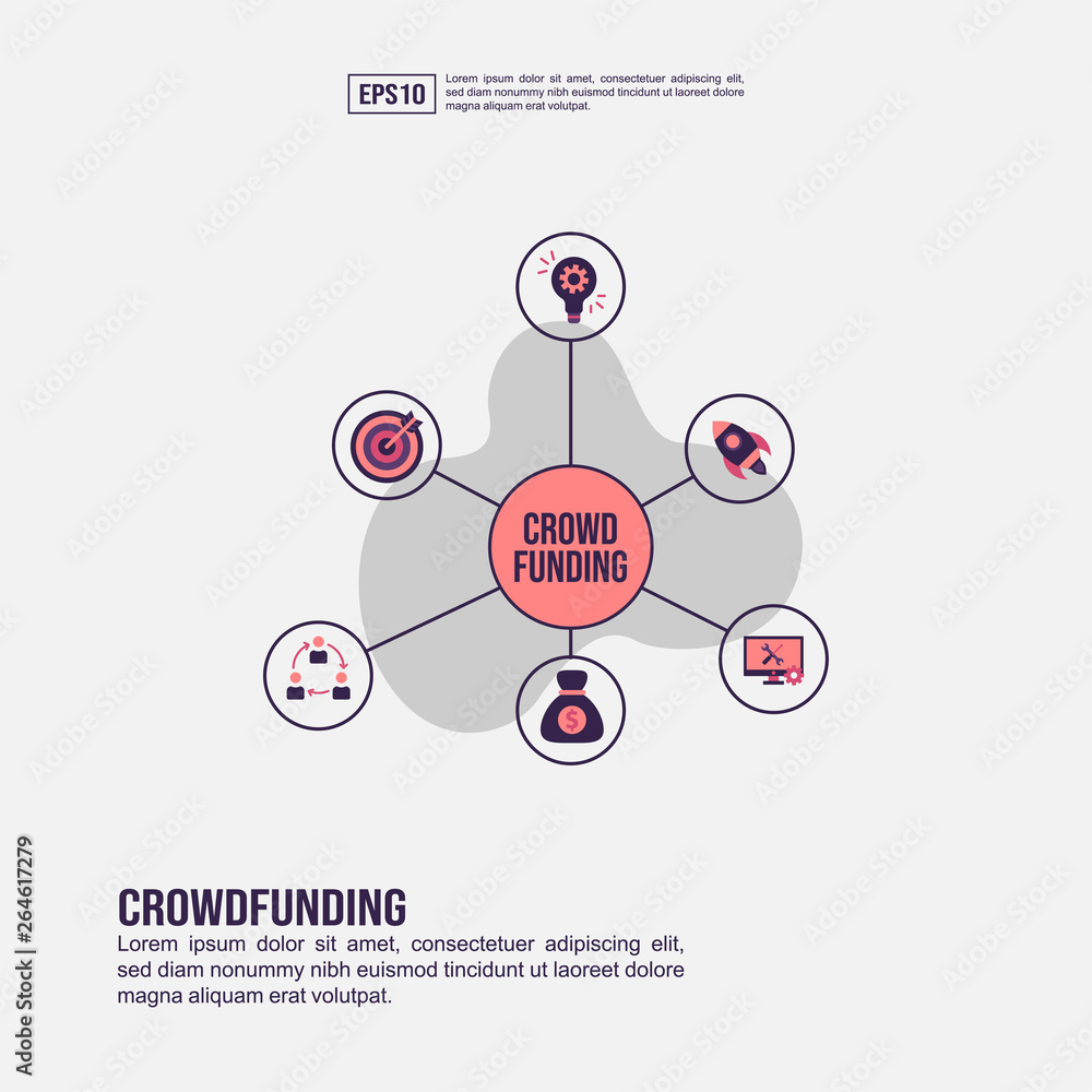 Crowd funding concept for presentation, promotion, social media marketing, and more. Minimalist Crowd funding infographic with flat icon Crowd funding concept for presentation, promotion, social media marketing, and more. Minimalist Crowd funding infographic with flat icon