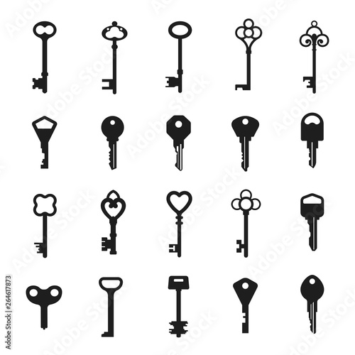 Vintage key black silhouette, security metal collection