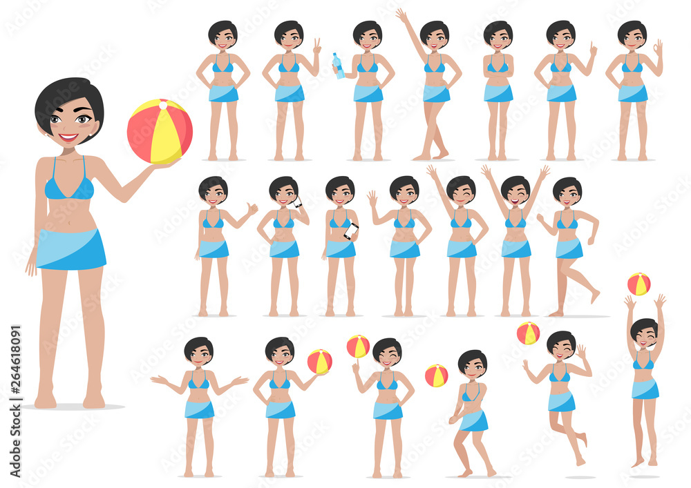 Summer season holiday. Cartoon character on the beach , Pretty Lady with swimming suit and activities design vector