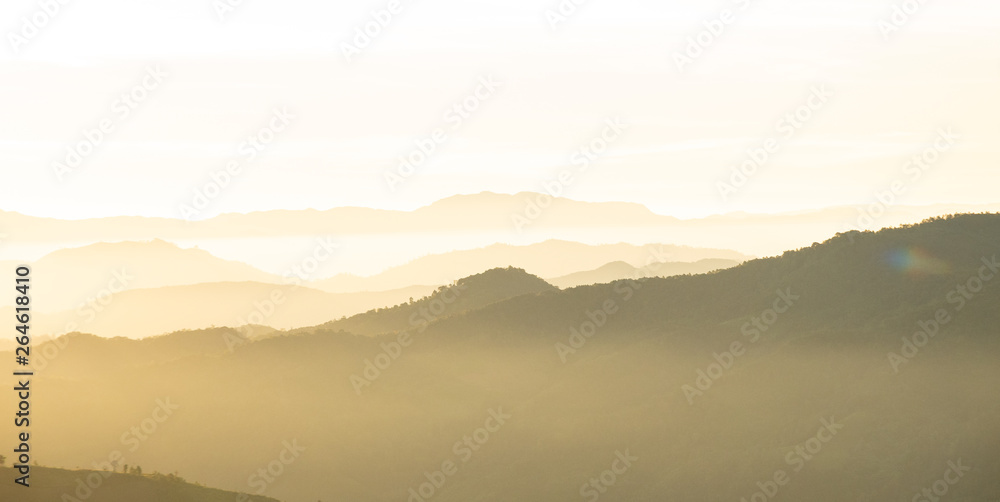 Sunrise over mountain range, Beautiful Landscape nature background. Patido Mountains, Mae Hong Son, Thailand.