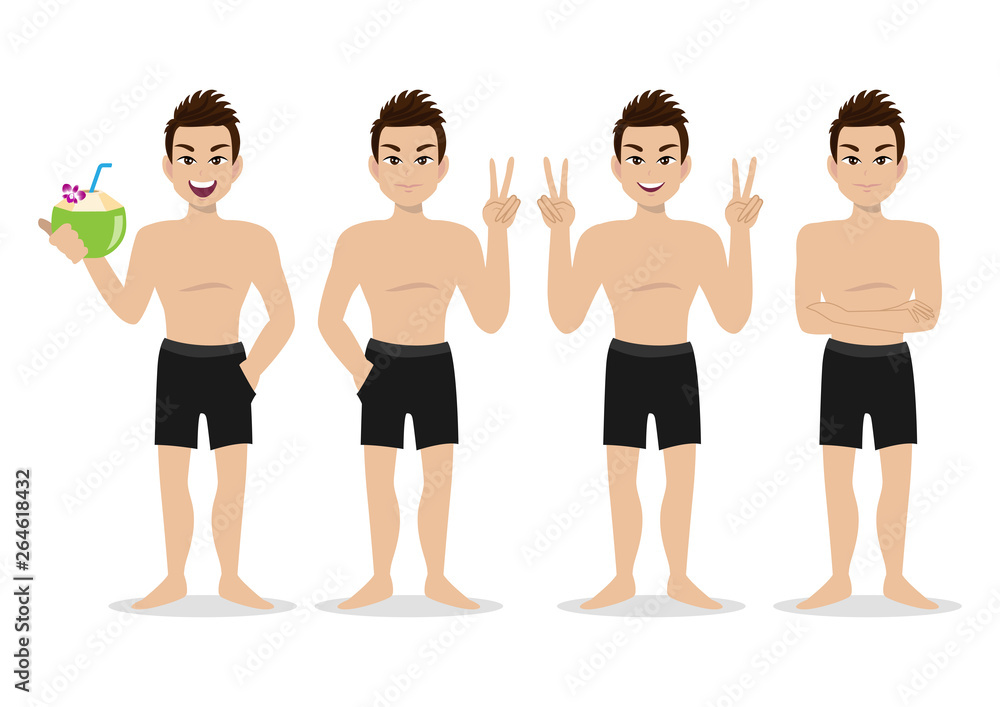 Summer season holiday. Cartoon character on the beach , Handsome man with swimming pant and activities design vector Summer season holiday. Cartoon character on the beach , Handsome man with swimming pant and activities design vector