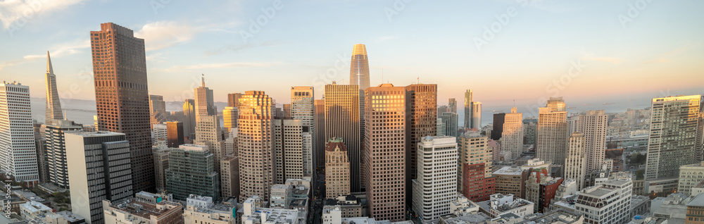 Panoramic sunset over San Francisco Downtown. High above Union Square, San Francisco, California, USA.