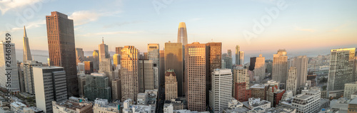 Panoramic sunset over San Francisco Downtown. High above Union Square, San Francisco, California, USA.