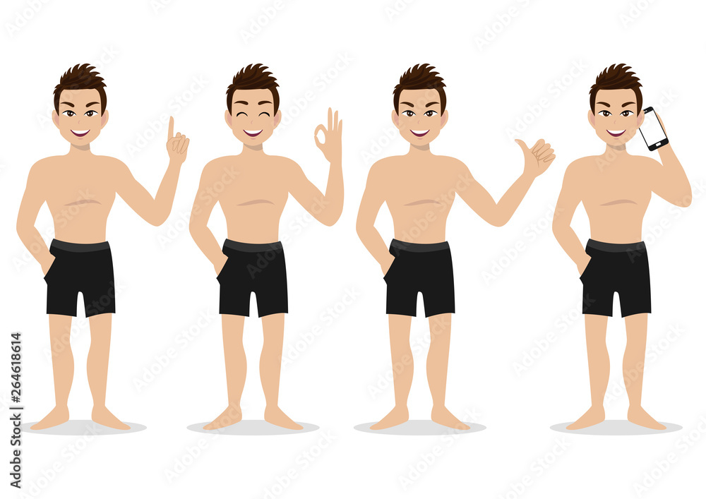 Summer season holiday. Cartoon character on the beach , Handsome man with swimming pant and activities design vector Summer season holiday. Cartoon character on the beach , Handsome man with swimming pant and activities design vector