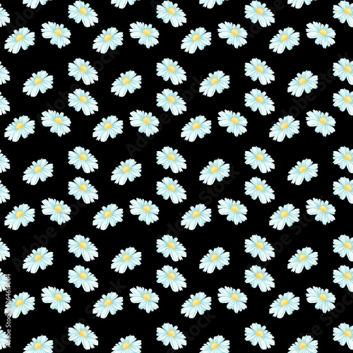 Daisy or Chamomile Tea Herb Flower Seamless Pattern. Herbal Therapy Wallpaper. Botany Plant, Matricaria Loose Herbs. Floral Blossom on Black Background