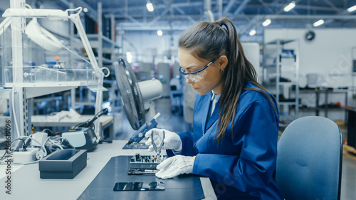 Young Female Blue and White Work Coat is Using Plier to Assemble Printed Circuit Board for Smartphone. Electronics Factory Workers in a High Tech Factory Facility.