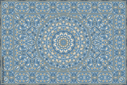 Vintage Arabic pattern. Persian colored carpet. Rich ornament for fabric design  handmade  interior decoration  textiles. Blue background.
