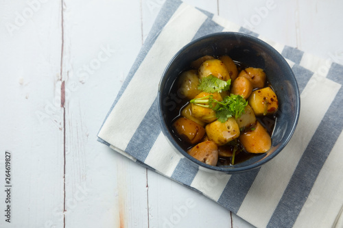 Various of fried meatball with sweet sauce in bowl