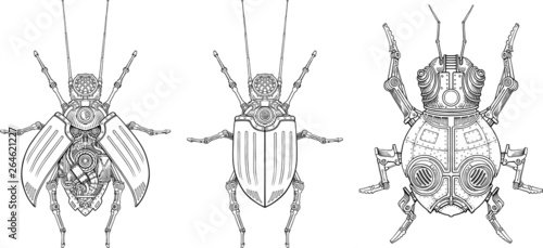 Vector drawings of mechanical beetles