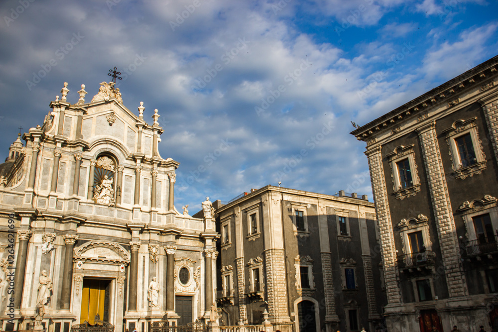 Catania cathedral front view with baroque architecture building