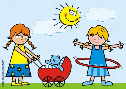 Group of happy kids, children with toys, funny vector illustration. Two little girls playing on the meadow. Illustration for children.