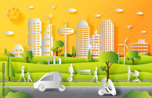 Concept of smart city with technologies of future and urban innovations, paper cut design