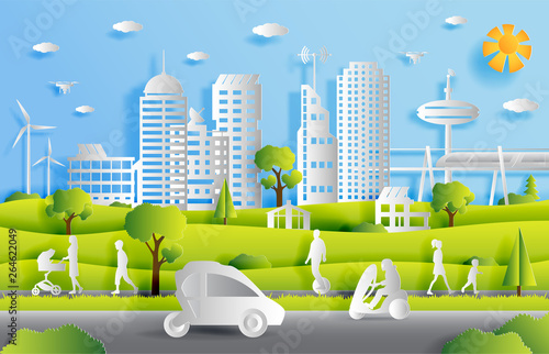 Concept of smart city with technologies of future and urban innovations, paper cut design