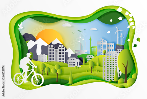 Concept of ecology city with technologies of future and urban innovations, paper cut design