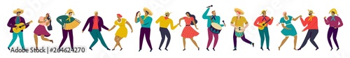 Festa Junina Brazil party People In Traditional Clothes Musicians And Dancers Horizontal Banner. Characters.