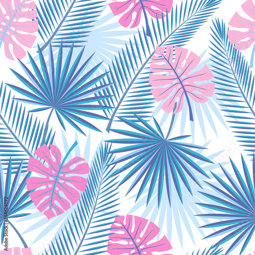 seamless tropical leaves - palm, monstera. Seamless background with tropical leaves. 
