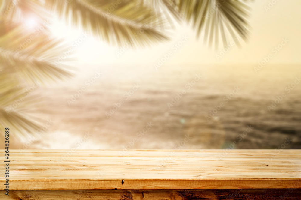 Desk of free space and summer landscape of sea beach and palms Desk of free space and summer landscape of sea beach and palms