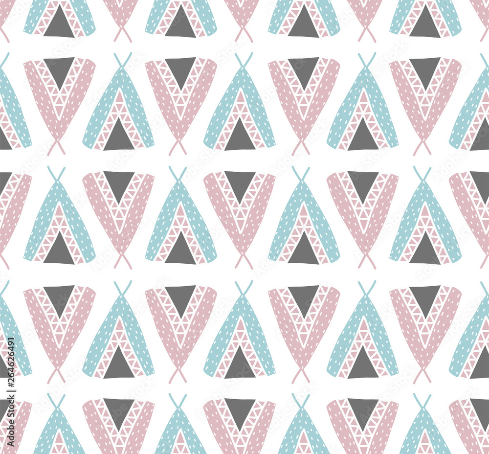 Scandinavian seamless pattern with teepee ethnic ornament. Vector children   fabric, clothes design, bed linen, wallpaper, scrapbooking,  stamping, stickers, signboard, web design, pack. Stock Vector | Adobe Stock