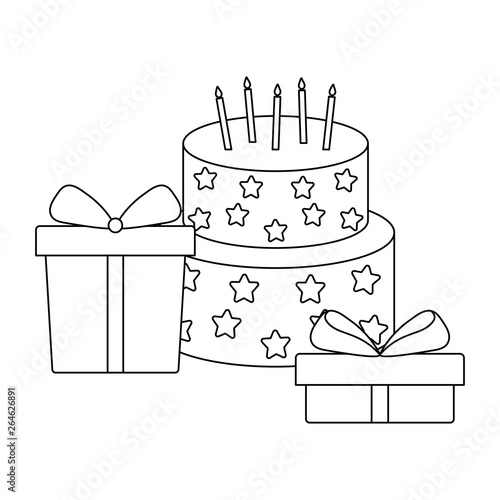 sweet cake with candles and gifts boxes