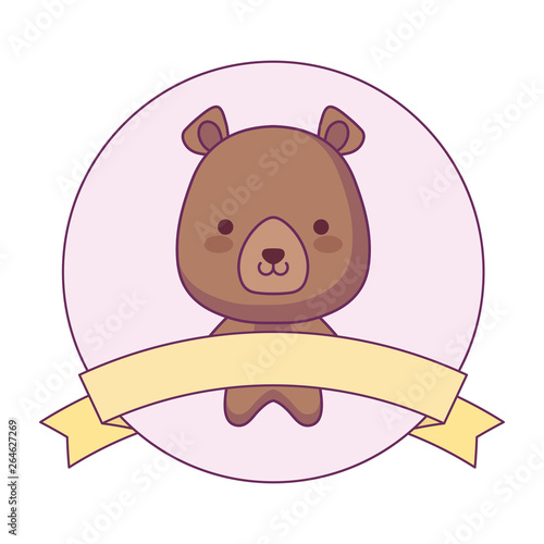 cute bear animal with ribbon in frame