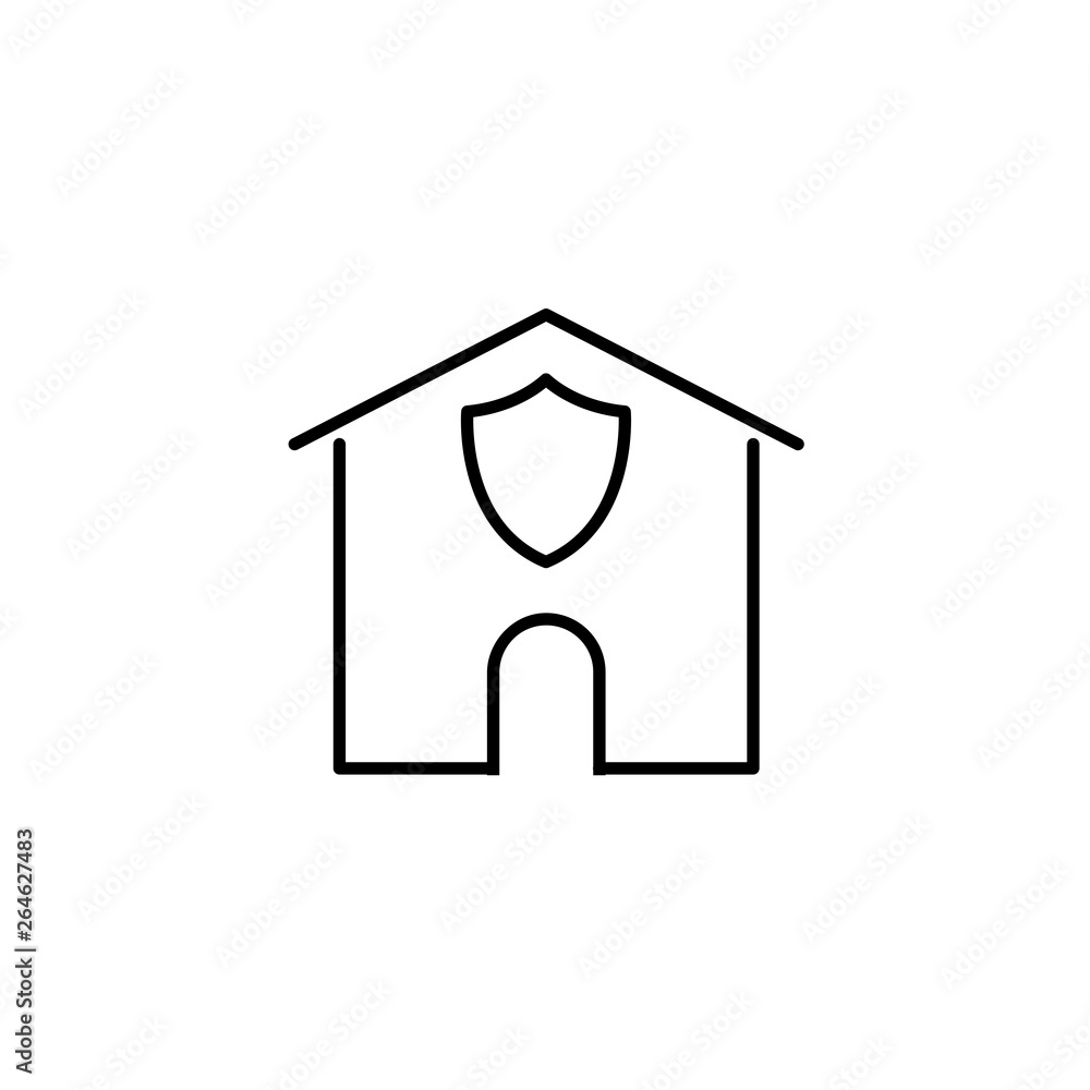 Real estate security linear icon. Smart home thin line illustration. Protection shield with house contour symbol. Vector isolated outline drawing Real estate security linear icon. Smart home thin line illustration. Protection shield with house contour symbol. Vector isolated outline drawing
