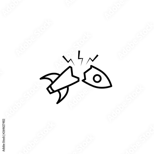 Dissolved space rocket dotted vector icon with disintegration effect. Square particles are composed into disappearing space rocket figure. Pixel dust effect shows speed and motion of cyberspace items.