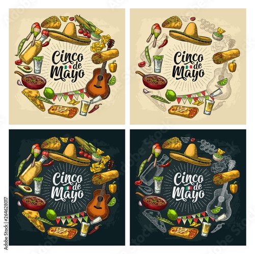 Circle shape set mexican food engraving. Cinco de Mayo lettering.