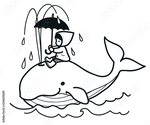 Cute whale swims in ocean spouting water, carrying on its back little girl in raincoat with umbrella vector cartoon hand drawn doodle illustration. Animals, baby and children decor, coloring book page