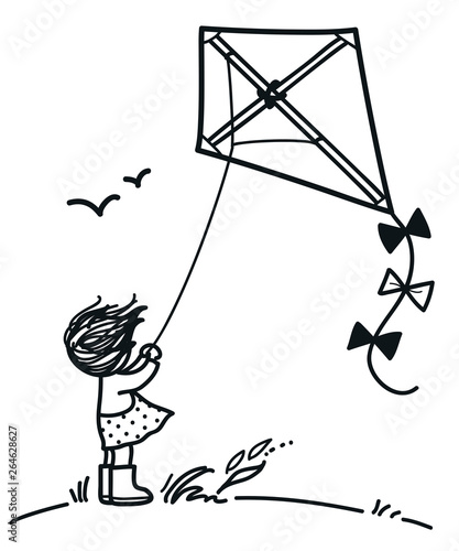 Little girl on a hill flying a kite on a windy day, with windswept hair cute black and white pen and ink style simple doodle vector cartoon hand drawn illustration. Children decor, coloring book page
