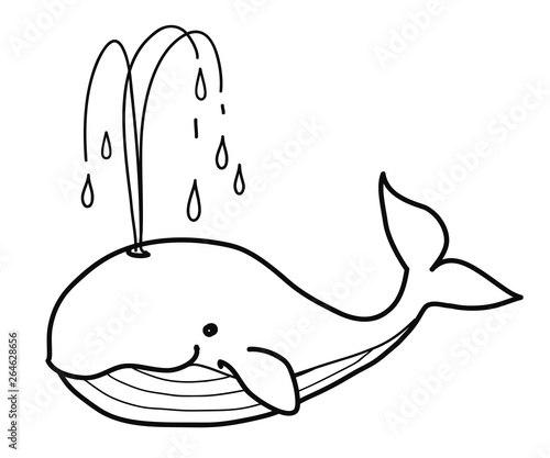 Whale doodle. Simple black and white pen and ink style hand drawn cute cartoon vector illustration of happy whale spouting water. Coloring book page, baby and children decor design element.