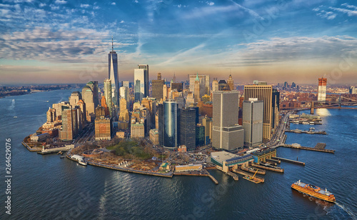 Aerial of Manhattan financial district skyscrapers skyline