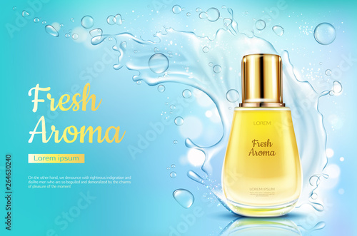 Perfume fresh aroma in glass bottle with water splash on blue blurred background. Packaging design mock up. Women fragrance cosmetic product, poster, promo ad. Realistic 3d vector illustration, banner